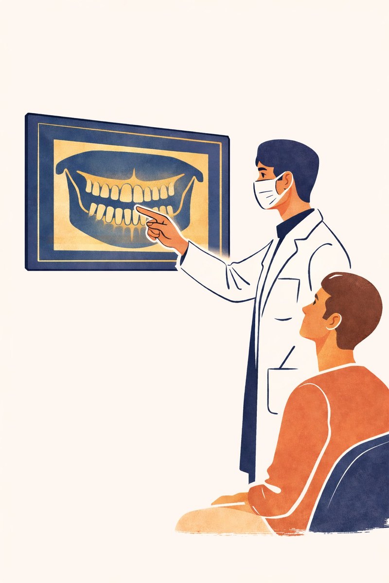 Le dentiste explique une radiographie dentaire à son patient — illustration éditoriale