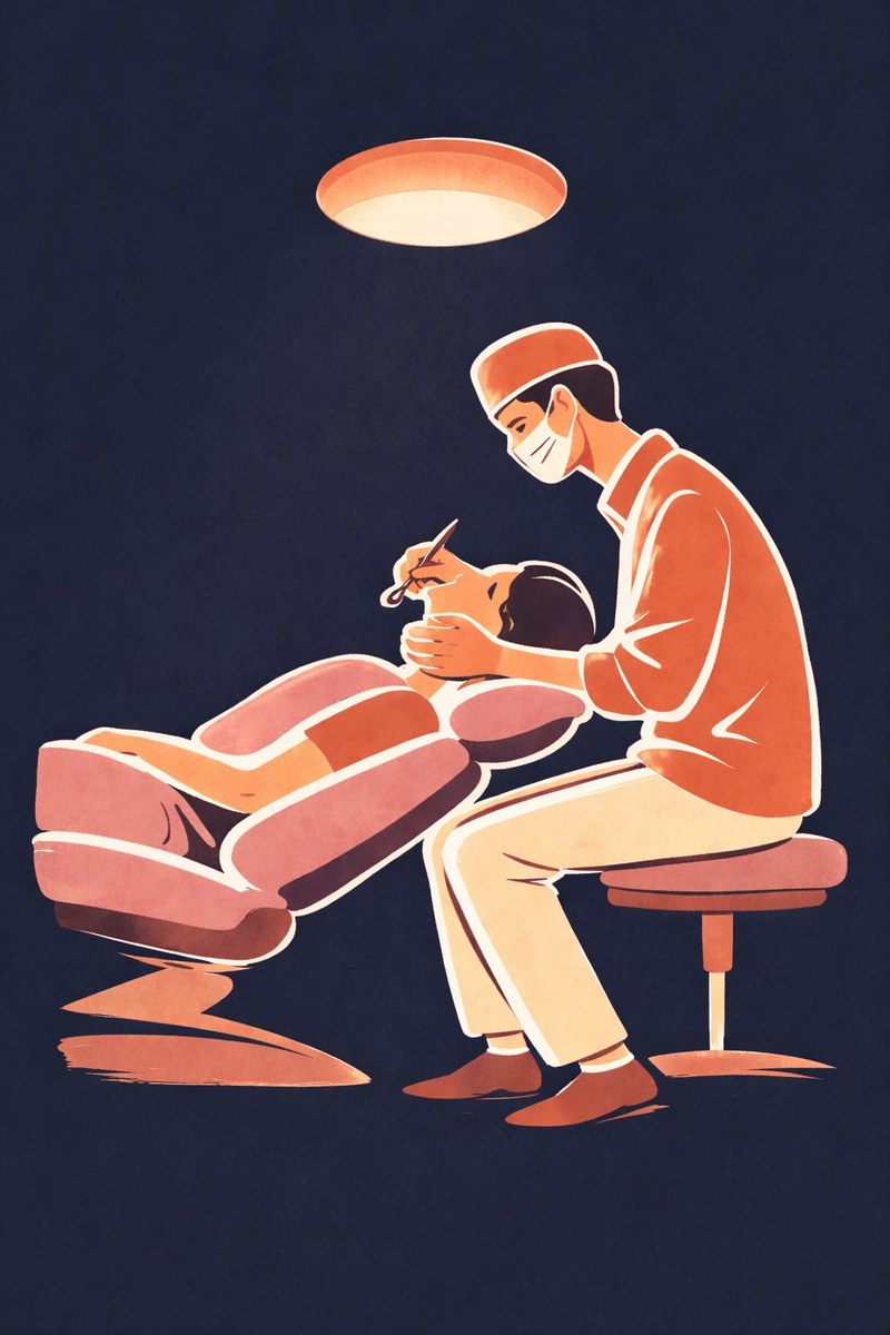 Le dentiste au fauteuil, intervention sous la lampe scialytique — illustration éditoriale