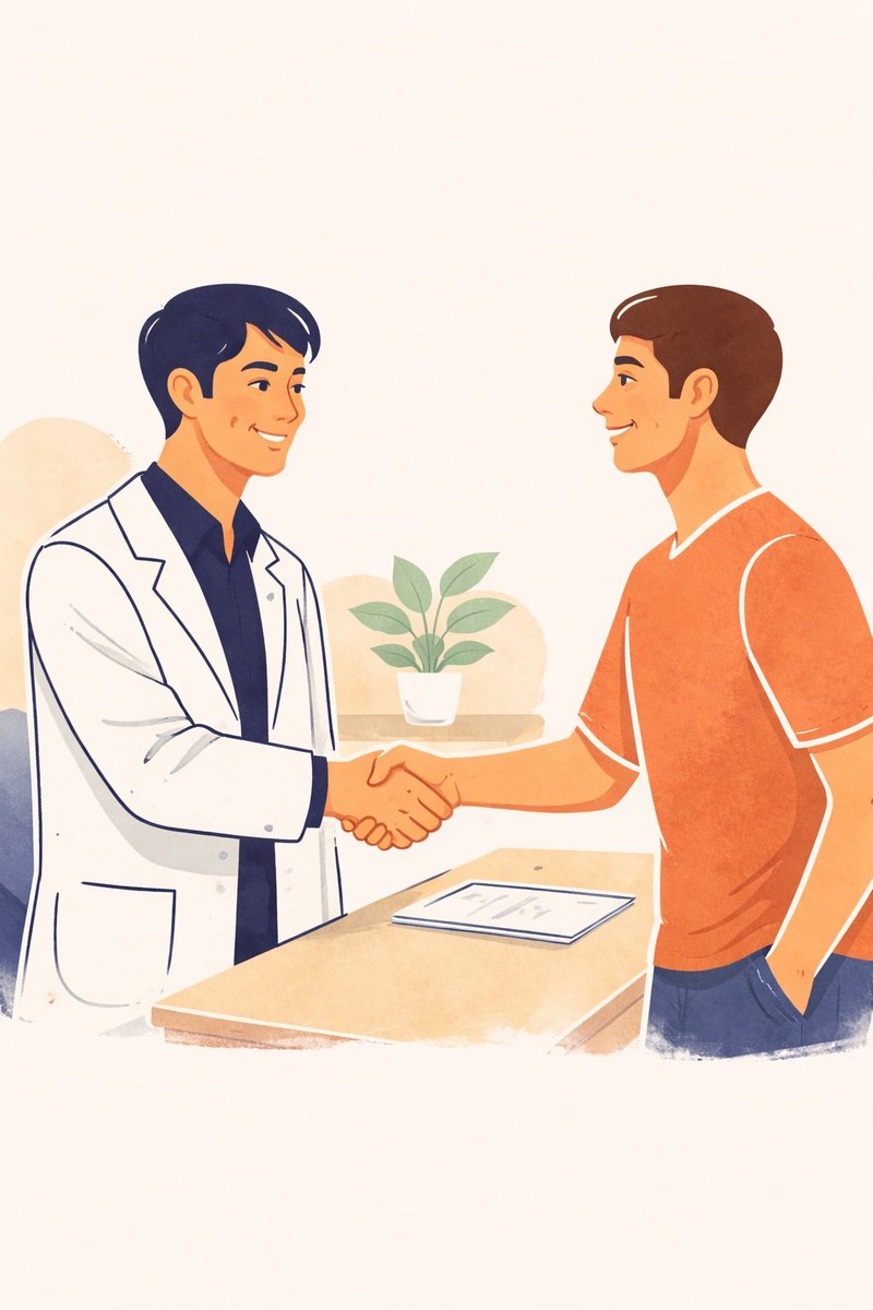 Le dentiste et son patient se serrent la main, confiance établie